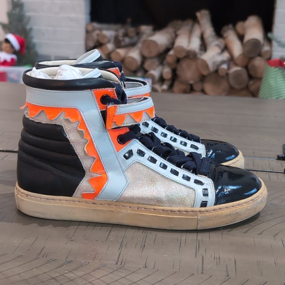 Sophia Webster Riko High Top Leather Sneakers Size 7/37.5 Glitter Multicolor